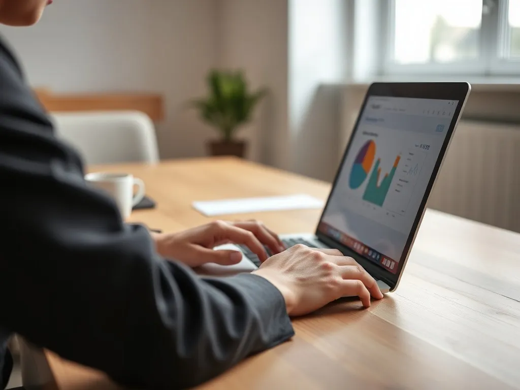 Osoba analizuje kolorowe wykresy na laptopie, ilustrując obliczanie i monitorowanie customer lifetime value.