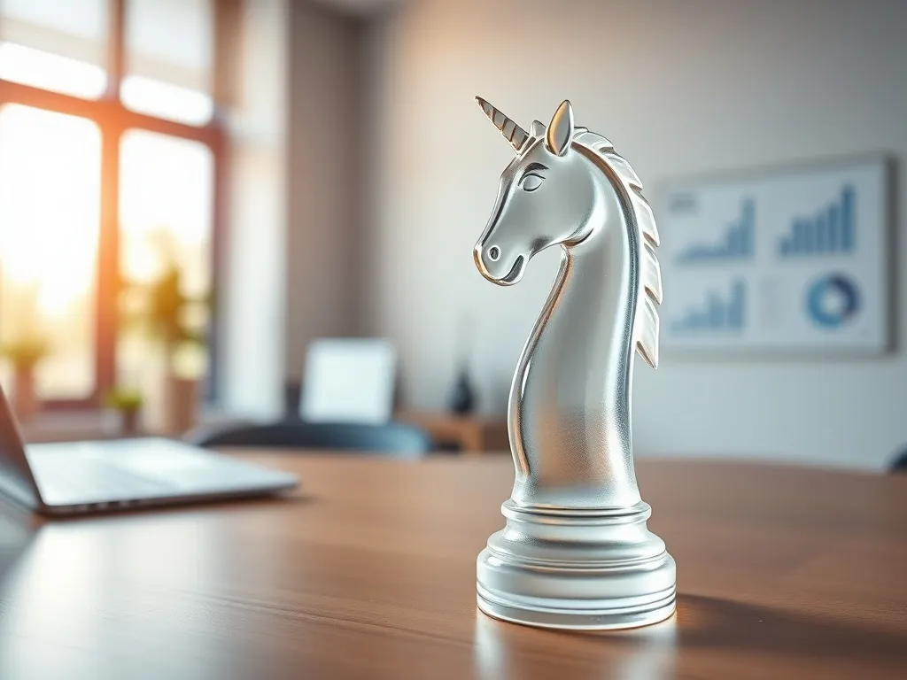 Szklany, świecący pionek jednorożca na biurku symbolizuje rzadki, wysoko wyceniany startup typu unicorn.