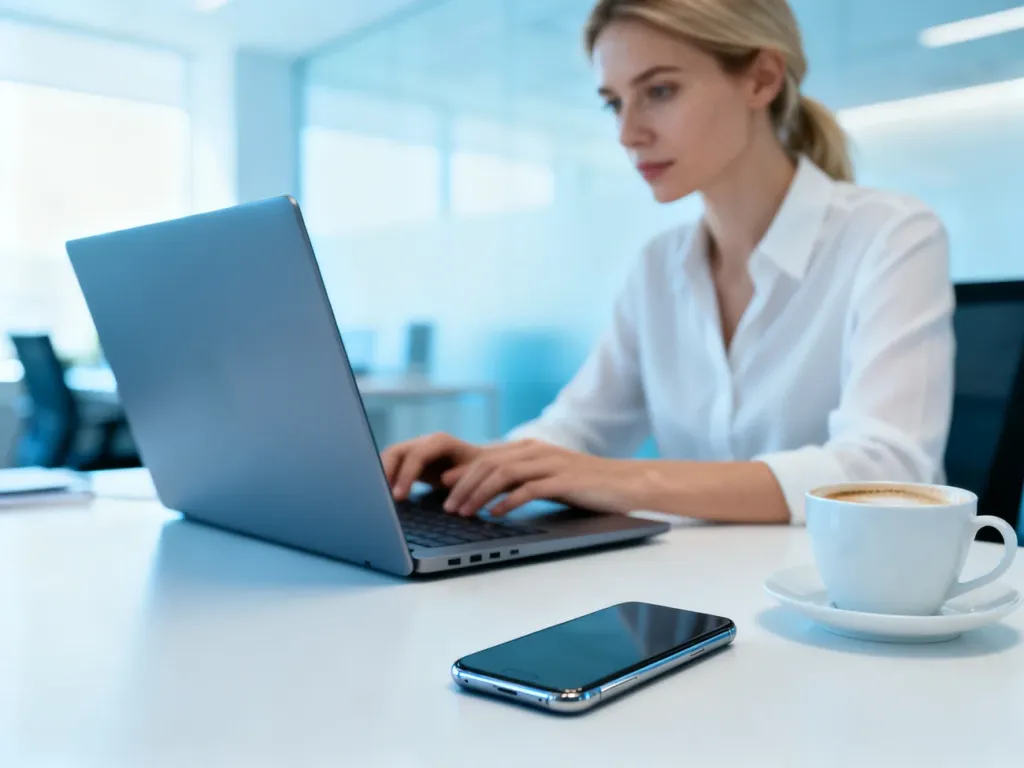 Kobieta pracująca przy laptopie w nowoczesnym biurze, symbolizująca profesjonalną komunikację e-mailową.