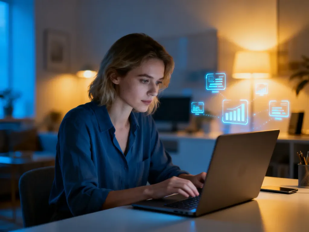 Kobieta pracująca przy laptopie w nowoczesnym biurze, z cyfrowymi ikonami symbolizującymi synchronizację danych.