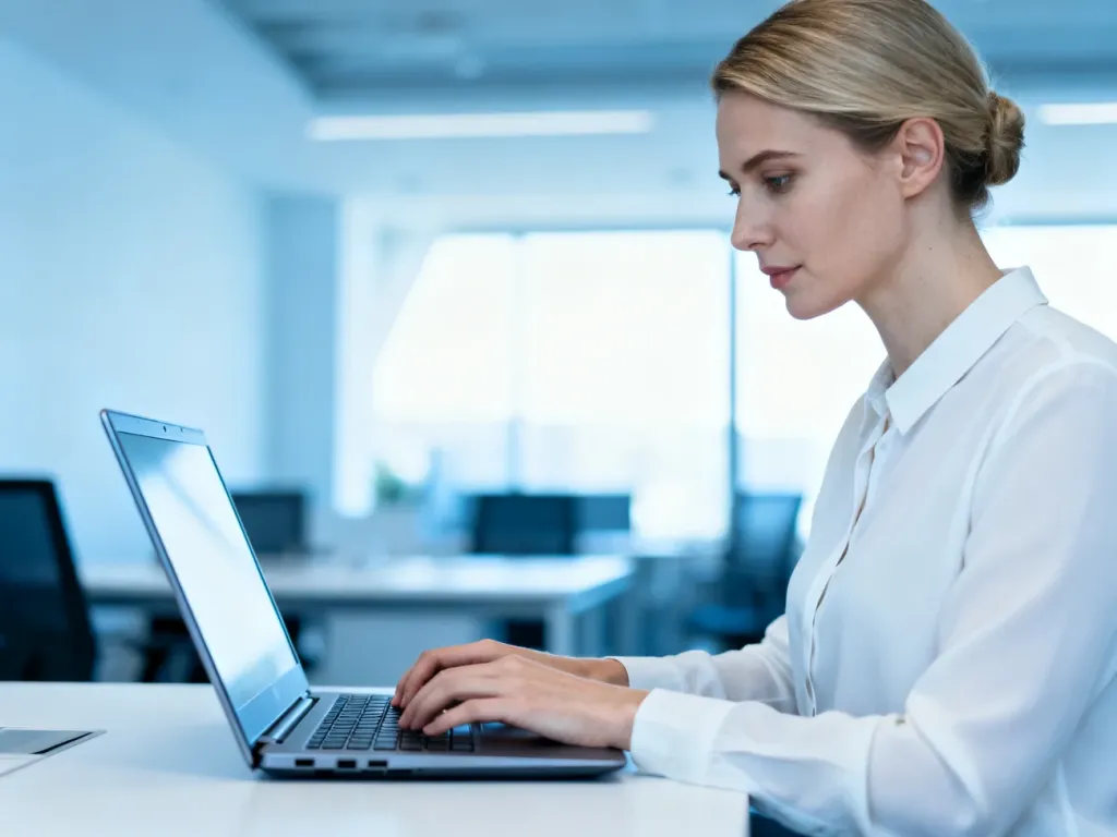 Kobieta pracująca przy laptopie w nowoczesnym biurze, symbolizująca profesjonalną komunikację w środowisku biznesowym.