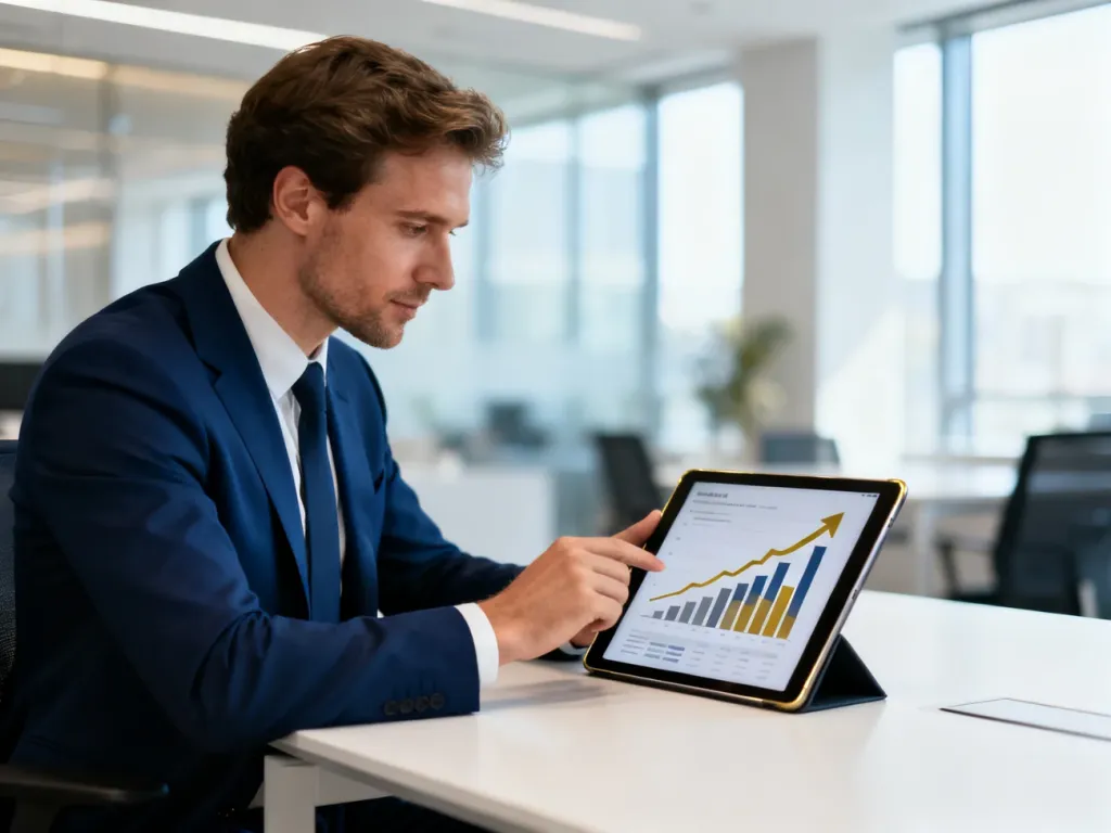Biznesmen analizujący rosnące wykresy finansowe na tablecie w nowoczesnym biurze, ilustrujący koncepcję ROI.